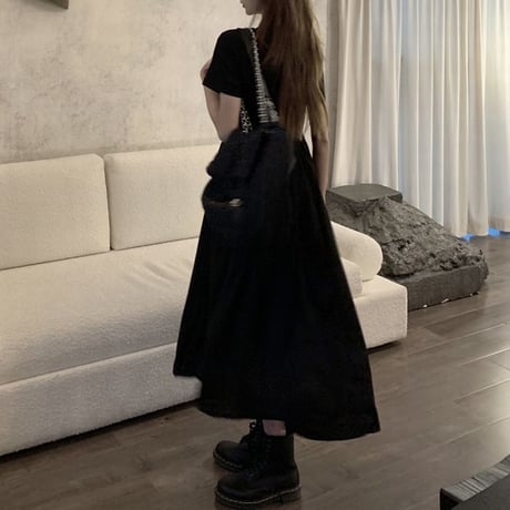 ポロカラー ワンピース ハイウエスト Aライン ロングワンピース 半袖 ウエスト切り替え ブラック レトロ 韓国ファッション レディース 大人可愛い ガーリー DTC-676378933474