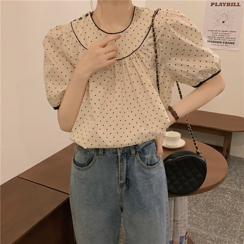 ドット柄 ブラウス パフ袖 半袖 薄手 韓国ファッション レディース