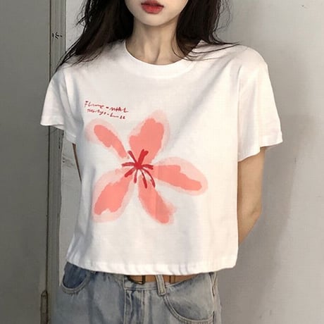 クロップド丈 Tシャツ 半袖 フラワープリント ショート丈 へそ出し 半袖Tシャツ レトロ 韓国ファッション レディース 大人可愛い ガーリー カジュアル DTC-675573313513
