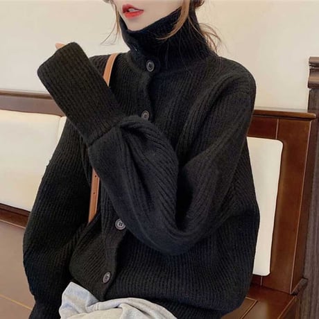 ハイネックニット ニットカーディガン ショート丈 リブ編み リブニット ハイネック 長袖 ルーズ 韓国ファッション レディース レトロ 大人可愛い ガーリー DTC-654112478774