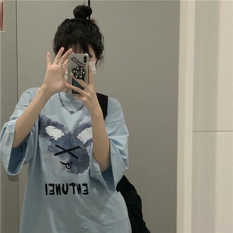 Tシャツ 半袖 ラウンドネック プリント ドロップショルダー 大きめ オーバーサイズ 韓国ファッション レディース カジュアル ストリートファッション DTC-644950773167