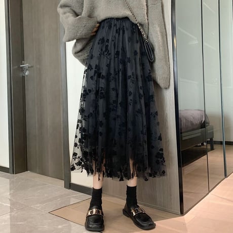 花柄チュールスカート レース ギャザー ロング丈 ハイウエスト ウエストゴム 韓国ファッション レディース プリーツスカート 大人可愛い ガーリー フェミニン DTC-632675803518
