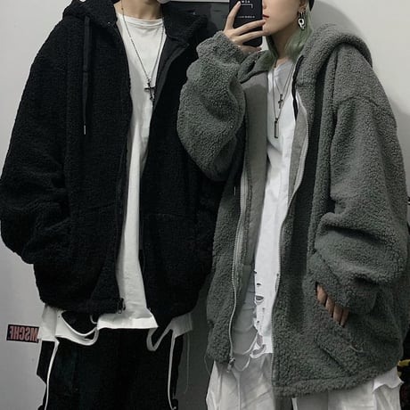 ユニセックス フード付き ボアジャケット ボアパーカー ジップアップ オーバーサイズ 韓国ファッション メンズ レディース カジュアル ストリートファッション DTC-631047350788