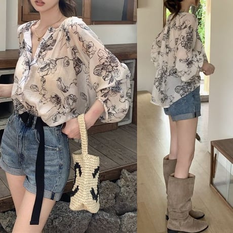 花柄 ブラウス ノーカラー ランタンスリーブ シャツ ルーズ シフォン 透け感 長袖 レトロ 韓国ファッション レディース 大人可愛い ガーリー フェミニン DTC-720963193754
