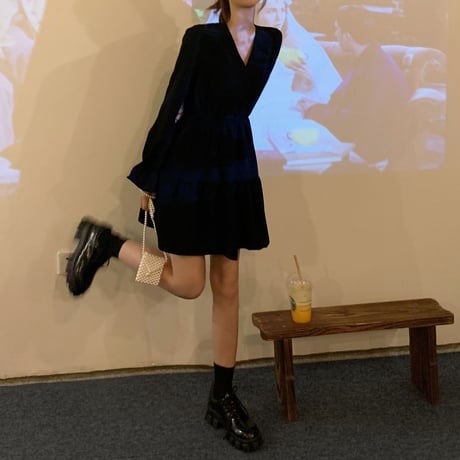 ティアードワンピース Vネック ショート丈 ハイウエスト 長袖 韓国ファッション レディース ミニワンピース 大人可愛い ガーリー フェミニン DTC-652647299876