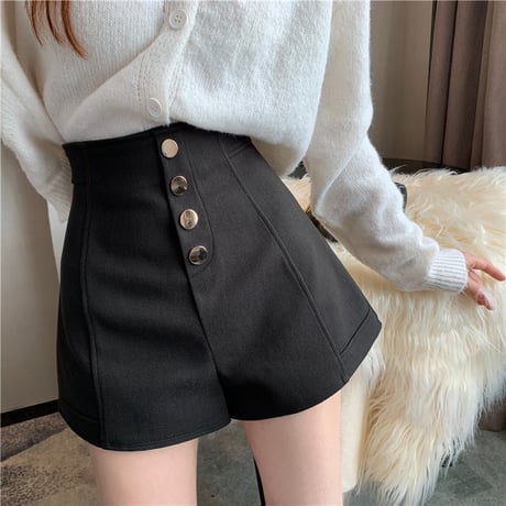 ショートパンツ ハイウエスト ゴールドボタン センタープレス ショーパン レトロ 韓国ファッション レディース 大人可愛い ガーリー DTC-660050274344