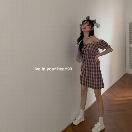 2way ワンピース スクエアネック オフショルダー 韓国ファッション レディース バブルスリーブ ハイウエスト Aライン ミニ丈 シンプル ガーリー DTC-616045068671