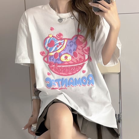 Tシャツ 半袖 クマちゃん ベアー プリント ビックサイズ 韓国ファッション レディース トップ 大きめ オーバーサイズ カジュアル ストリートファッション DTC-645684918459