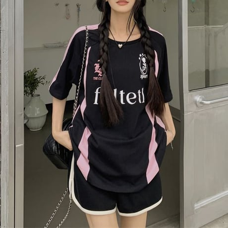 Tシャツ ユニフォーム風 オーバーサイズ サイドライン バイカラー トップス 半袖 レトロ 韓国ファッション レディース 大人可愛い ガーリー スポーツミックス DTC-802941498047
