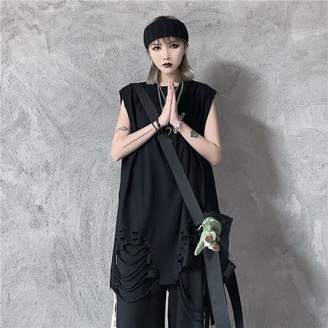 ユニセックス タンクトップ ダメージ加工 ダメージカット ノースリーブ メンズ レディース トップス ゆったり ルーズ カジュアル 韓国ストリートファッション DTC-613583402894