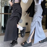 ロングスカート スリット ギャザー ハイウエスト スリム Aライン スカート レトロ 韓国ファッション レディース 大人可愛い ガーリー DTC-704946881913