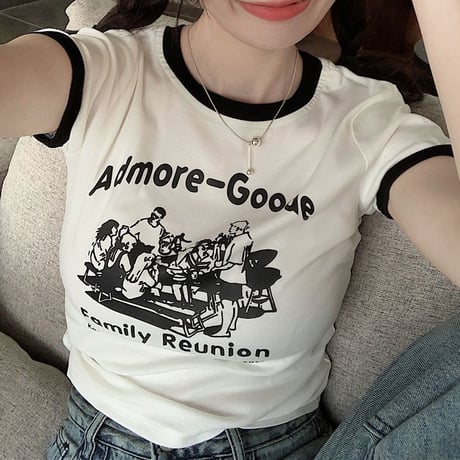 レトロプリント Tシャツ ショート丈 半袖 クルーネック スリムフィット レトロ カジュアル ストリートファッション ストリート系女子 DTCA-702505709620