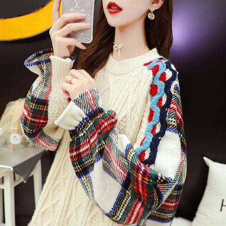 ドッキングトップス フェイクレイヤード ケーブル編み ニット ＋ チェック ネルシャツ 韓国ファッション レディース ラウンドネック 保温 大人カジュアル ガーリー DTC-628217939644