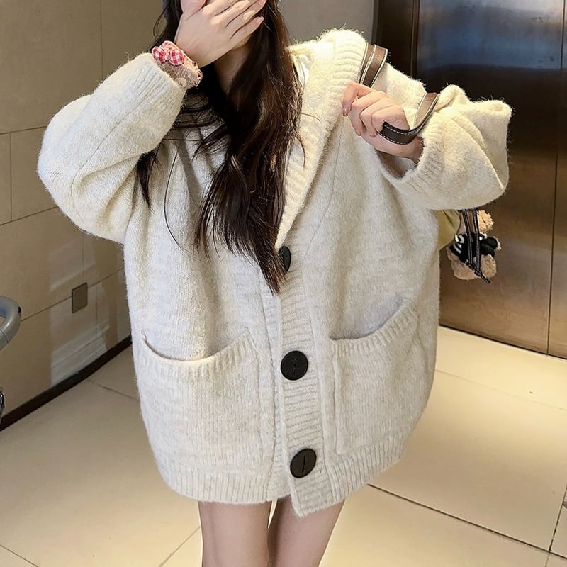 フード付き ニットカーディガン 大きいボタン ニット シングルブレスト