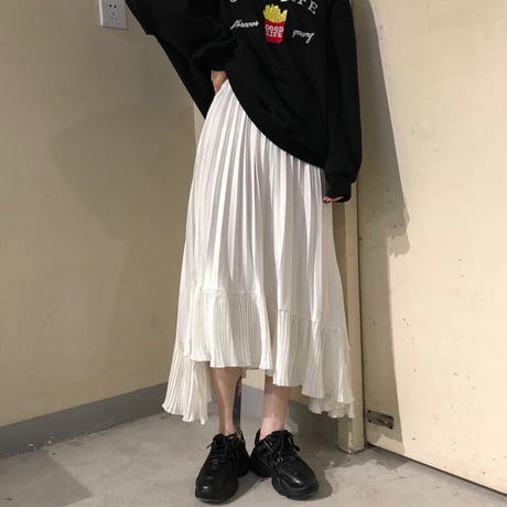 不規則デザイン プリーツスカート ミディアム丈 アシンメトリー 韓国ファッション レディース Aラインスカート アシメ ハイウエスト 大人可愛い ガーリー DTC-604528143206