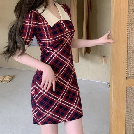 チェック柄 ニット ワンピース 半袖 POLO襟 ハイウエスト 韓国ファッション レディース シャツワンピース ミニ丈 大人可愛い ガーリー DTC-643031344728