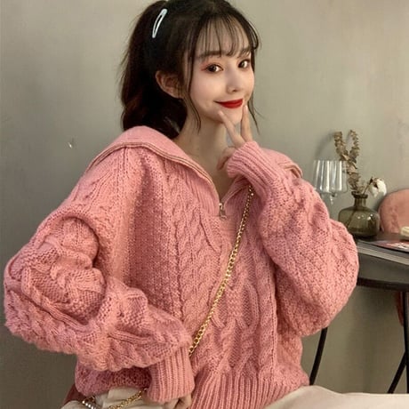 プルオーバー ハーフジップアップ ニット セーター ピンク 韓国 ファッション レディース ケーブル編み オフショルダー ハイネック (DTC-606566990698)