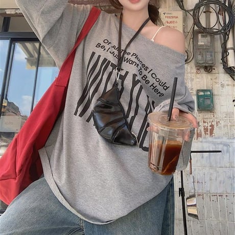 2WAY 前後着用 トップス ロンT ワンショルダー オフショルダー tシャツ スウェット アシンメトリー オーバーサイズ ゆったり レトロ 長袖 カジュアル DTCA-837273595763