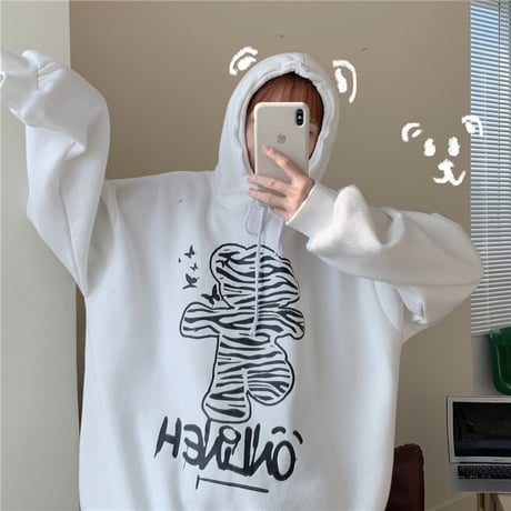 プルオーバー パーカー ゼブラ柄 クマ ベアー プラスベルベット ルーズ 韓国ファッション レディース フーディー ゆったり 大きめ カジュアル ストリート系 DTC-631127121874