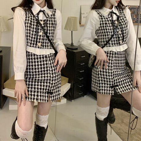 セットアップ 3点セット ボウタイ ブラウス 千鳥格子 チェック柄 ベスト スカート クロップド丈 ハイウエスト リボン レトロ 大人可愛い ガーリー フェミニン DTC-666642582085