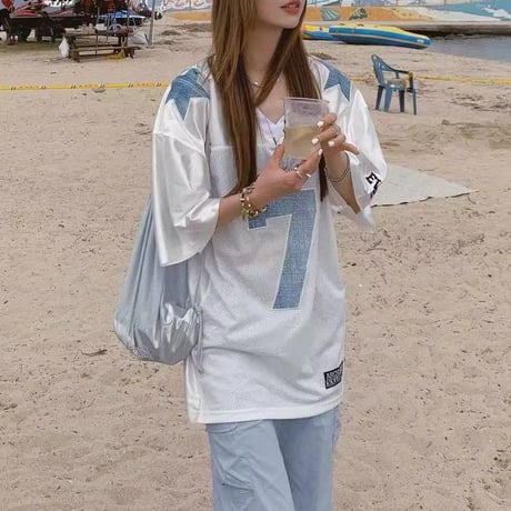 Tシャツ ユニフォーム風 Vネック ナンバリング ロゴ ドロップショルダー トップス 半袖 オーバーサイズ ビッグシルエット レトロ カジュアル ストリート女子 DTCA-950630332965