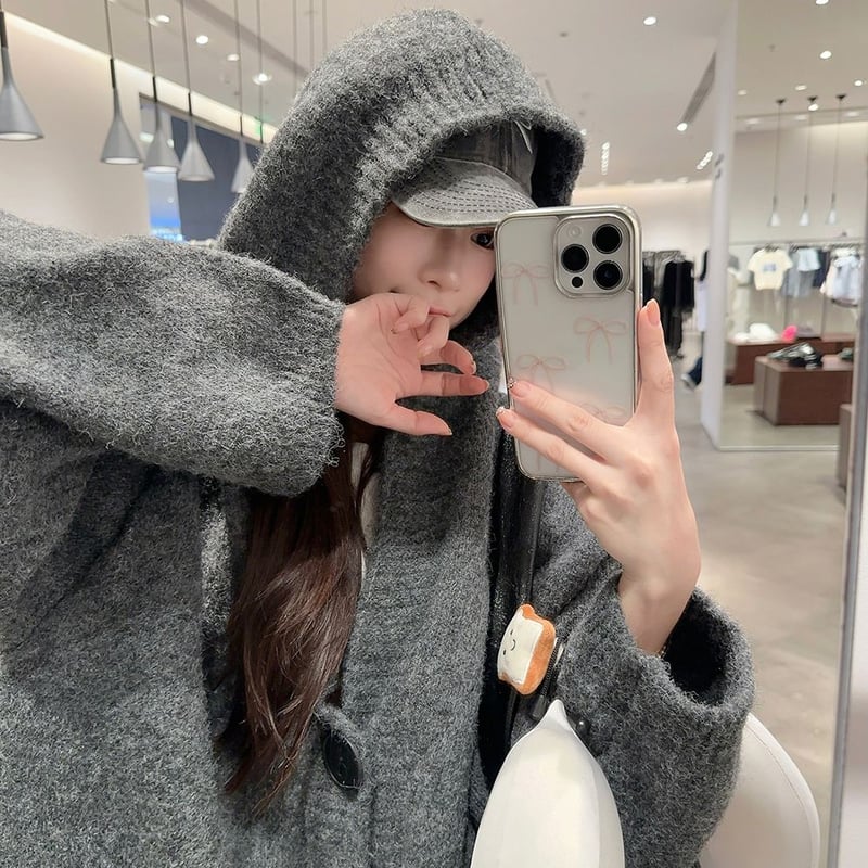 フード付き ニットカーディガン 大きいボタン ニット シングルブレスト