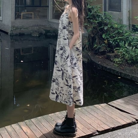 水墨画風 花柄 ワンピース キャミワンピース ロングワンピース ハイウエスト ノースリーブ レトロ 韓国ファッション レディース 大人可愛い ガーリー フェミニン DTC-677819847417