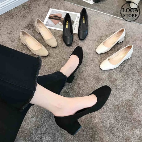 スエードタイプとPUタイプの2種類！ パンプス チャンキーヒール 4.5cm 韓国ファッション レディース スクエアトゥ シューズ キュート 痛くない かわいい 歩きやすい 598354617919