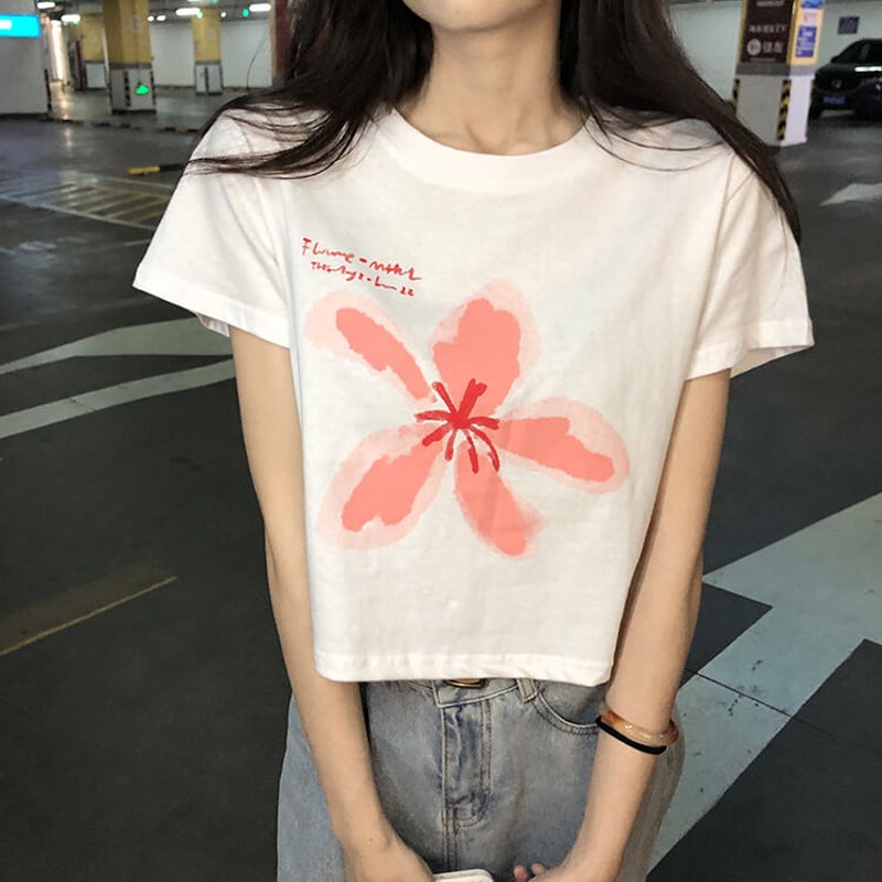 クロップド丈 Tシャツ 半袖 フラワープリント ショート丈 へそ出し