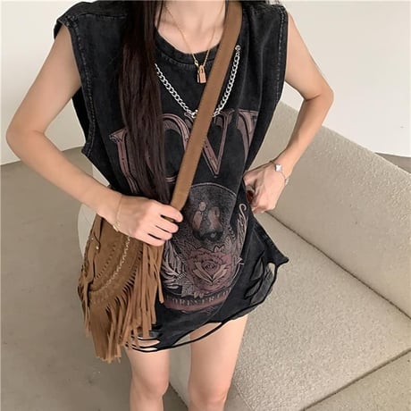 チェーンデザイン タンクトップ ダメージ加工 ウォッシュ加工 ヴィンテージ風 ノースリーブ tシャツ トップス オーバーサイズ レトロ カジュアル ストリート女子 DTCA-795943873261