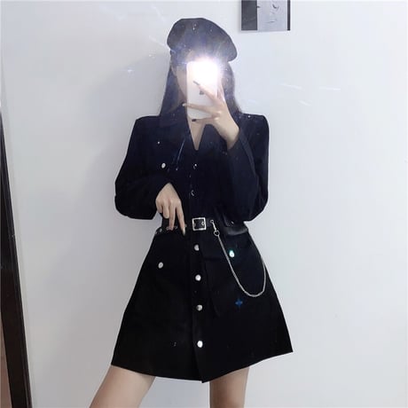 ワンピース ベルト付き ポケットチェーン ジャケット風 韓国ファッション レディース シングルブレスト ハイウエスト ガーリー DTC-624889485862