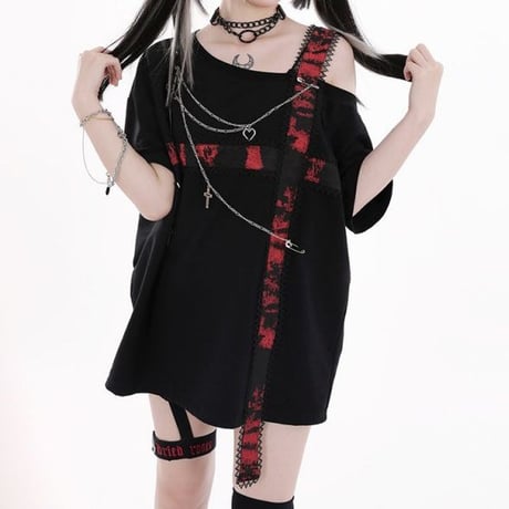 ワンショルダー Tシャツ ストラップ チェーン付き 肩出し トップス アシンメトリー ルーズ 半袖 Y2K レトロ 韓国ファッション レディース 大人可愛い ガーリー DTC-800436724194