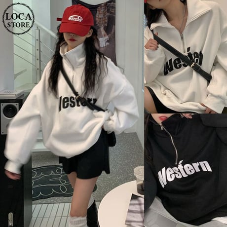 ハイネック ハーフジップ トレーナー オーバーサイズ トップス シンプル ルーズ レトロ 韓国ファッション レディース ガーリー カジュアル ストリート系 DTC-662910518099