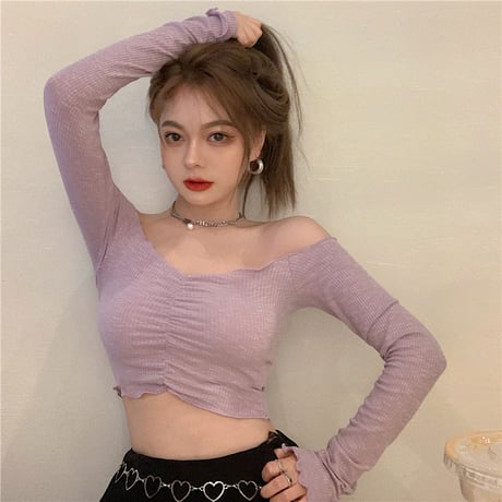 オフショル カットソー 長袖 ショート 韓国ファッション レディース トップス へそ出し Tシャツ オフショルダー Vネック スタイルアップ 大人可愛い ガーリー DTC-625937979040