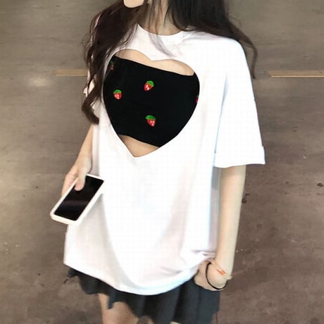 セット商品 ハートカット Tシャツ 半袖 キャミソール いちご柄 ゆったり ルーズ 韓国ファッション レディース 大人可愛い ガーリー カジュアル DTC-678925875076