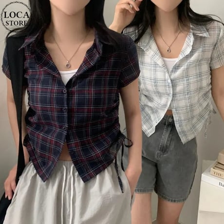 チェック柄シャツ サイドシャーリング トップス ショート丈 ドローストリング ドロスト チェックシャツ 半袖 レトロ 大人可愛い ガーリー カジュアル トレンド DTCA-925867914003