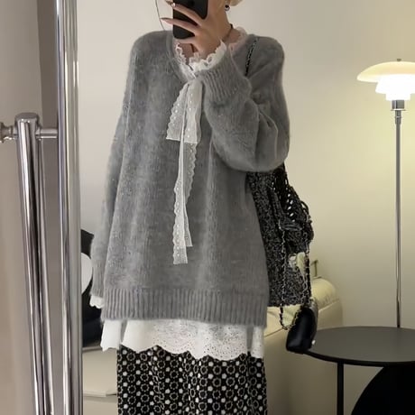 ニット レース リボン Vネック プルオーバー セーター トップス ルーズ フェイクツーピース 長袖 レトロ 大人可愛い ガーリー フェミニン カジュアル DTCA-849338174416