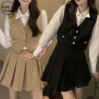 3点セット シャツ ベスト プリーツスカート ハイウエスト レトロ セットアップ 韓国ファッション レディース  大人可愛い ガーリー フェミニン DTC-655988533992