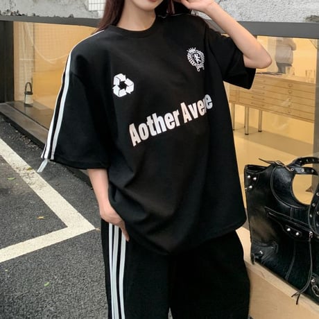 セットアップ サイドライン Tシャツ ワイドパンツ 半袖 ロゴ トップス スポーツミックス 上下セット レトロ 韓国ファッション レディース 大人可愛い ガーリー DTC-786931285601