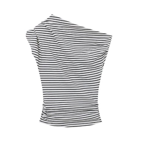 ボーダー トップス 薄手 ワンショルダー ボーダートップス ボーダーTシャツ オフショル オフショルダー 半袖 レトロ 大人可愛い ガーリー カジュアル DTCA-885881384474
