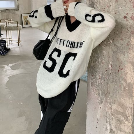 ニット トップス Vネック オーバーサイズ ドロップショルダー ルーズ 長袖 レトロ 韓国ファッション レディース 大人可愛い ガーリー スポーツミックス DTC-824100434464