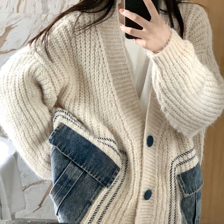 カーディガン ニット デニムミックス 異素材 オーバーサイズ 長袖 ルーズ ゆったり レトロ 韓国ファッション レディース 大人可愛い ガーリー カジュアル DTC-738962872965