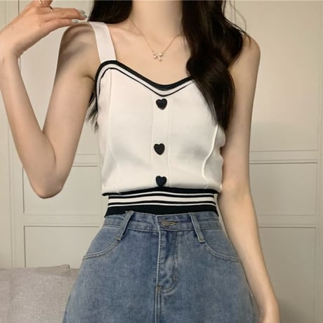 ニットタンクトップ ニットキャミソール ニットベスト ハート型ボタン ショート丈 レトロ 韓国ファッション レディース 大人可愛い レトロ ガーリー カジュアル DTC-679428859031