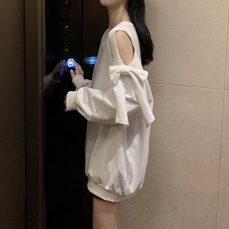 トレーナー 薄手 Vネック 肩あき 肩出し リボン カットソー オフショルダー トップス 長袖 ゆったり 韓国ファッション レディース 大人可愛い ガーリー DTC-637882425955