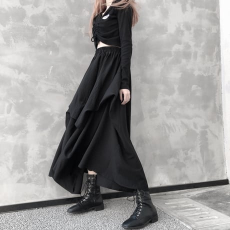 ロングスカート 不規則デザイン 韓国ファッション レディース スカート ロング丈 アシンメトリー Aライン ハイウエスト ブラック 大人可愛い ガーリー DTC-614521338995
