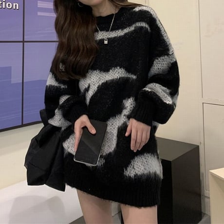 ゼブラ柄 ニット ニットセーター プルオーバー モヘア ラウンドネック 長袖 ルーズ ゆったり レトロ 韓国ファッション レディース 大人可愛い ガーリー DTC-657324217477