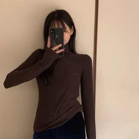 スリムフィット ハイネック カットソー 裏起毛 韓国ファッション レディース タートルネック タイト 長袖 Tシャツ 無地 レトロ (DTC-609008831719)