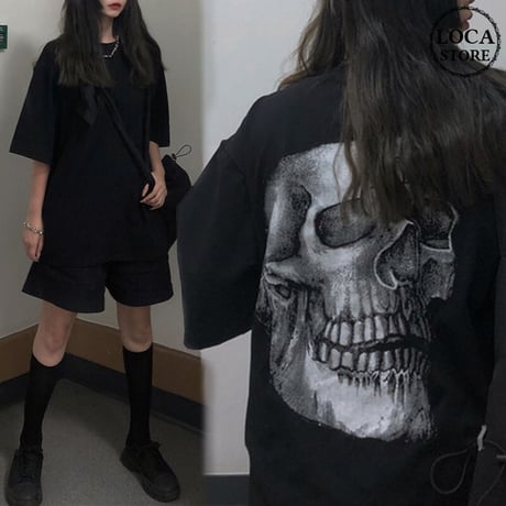 ユニセックス Tシャツ 半袖 メンズ レディース ラウンドネック シンプル どくろ スカル プリント オーバーサイズ 大きいサイズ ルーズ ストリート TBN-597191250710