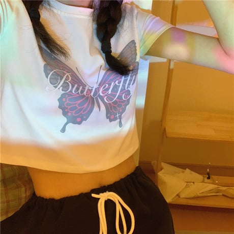 バタフライ Tシャツ クロップド丈 蝶 カットソー トップス 半袖 ショート丈 かわいい カジュアル 韓国ファッション レディース 大人可愛い ガーリー DTC-615322969295