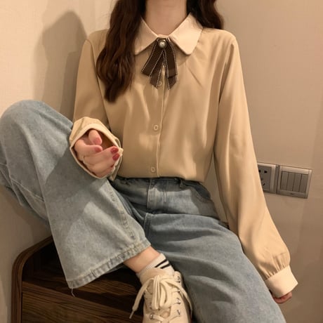 シャツ ブラウス リボンタイ パフスリーブ ルーズ 長袖 レトロ 韓国ファッション レディース 大人可愛い ガーリー DTC-659642910608